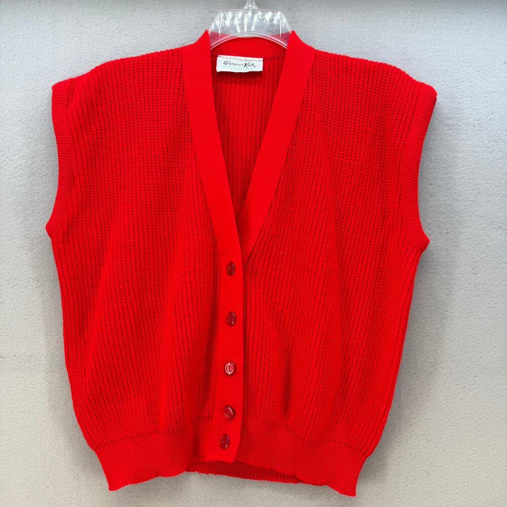 Glamour Knit Sweater Vest Women's L Red Cardigan Style Ribbed Made in the US VTG